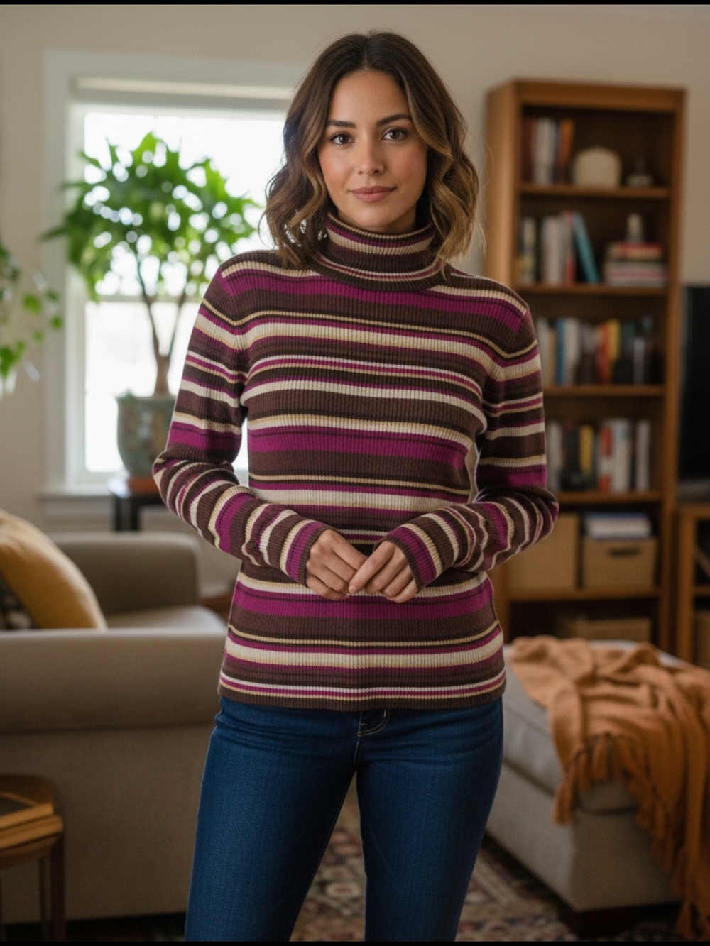 Jessica Striped Turtleneck Sweater in Berry, Brown & Cream